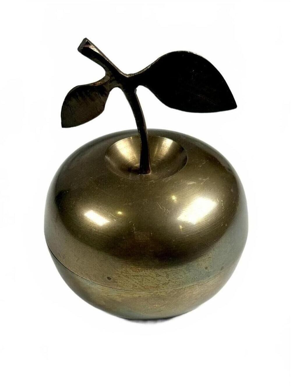 Vintage Brass Apple Jewelry Trinket Box Made in India Figural Mid-Century Decor